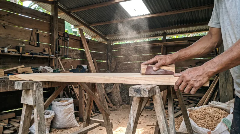 Tukang mengamplas panel dinding cedar di bengkel terbuka
