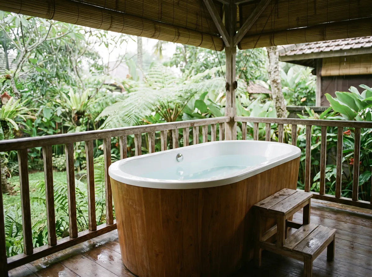Bak teak oval dengan liner fiberglass putih di veranda rumah Medan