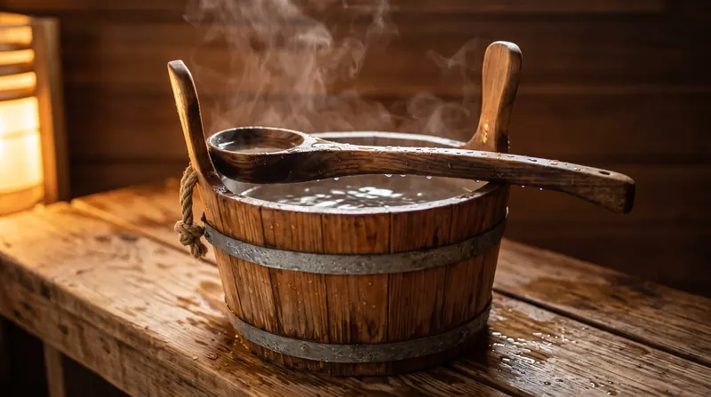 Ember & gayung kayu — detail pengerjaan sauna di Medan