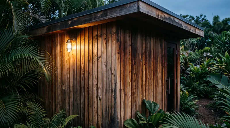 Fasad kabin outdoor — detail pengerjaan sauna di Medan