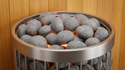 Detail heater sauna dengan batu vulkanik di Medan