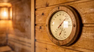 Detail termometer sauna di dinding kayu cedar Medan