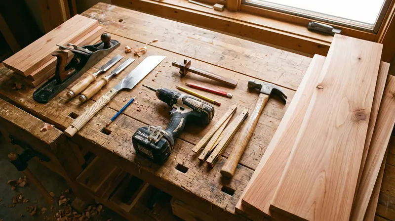 Build your own sauna: hand tools, drill and cedar boards on a workbench