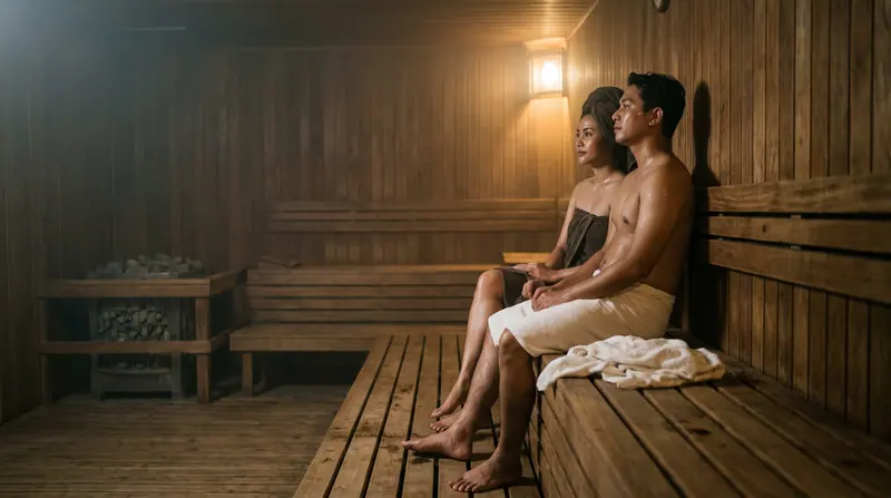 Berdua di sauna besar — masih banyak ruang kosong