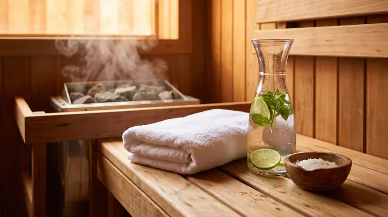 Manfaat sauna untuk kesehatan: handuk, air lemon, dan bangku cedar hangat