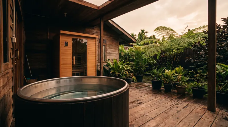 Ice bath teak premium di teras rumah Medan