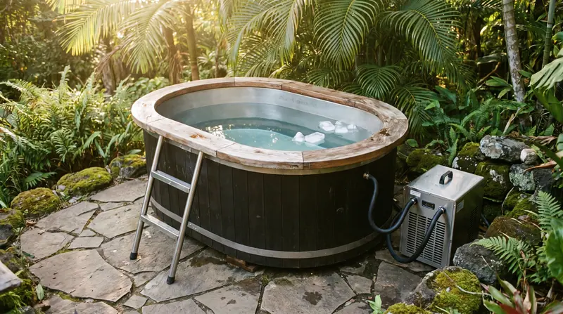Ice bath kayu dengan unit chiller di taman tropis Medan