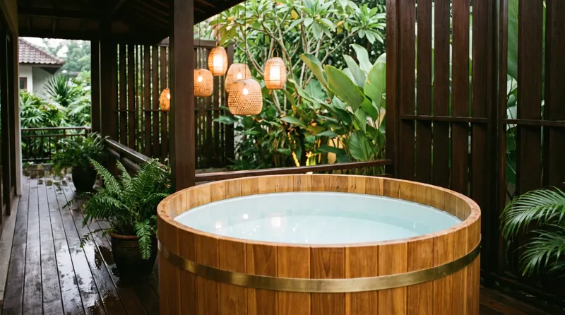 Bak ice bath kayu teak grade A premium di teras rumah Medan