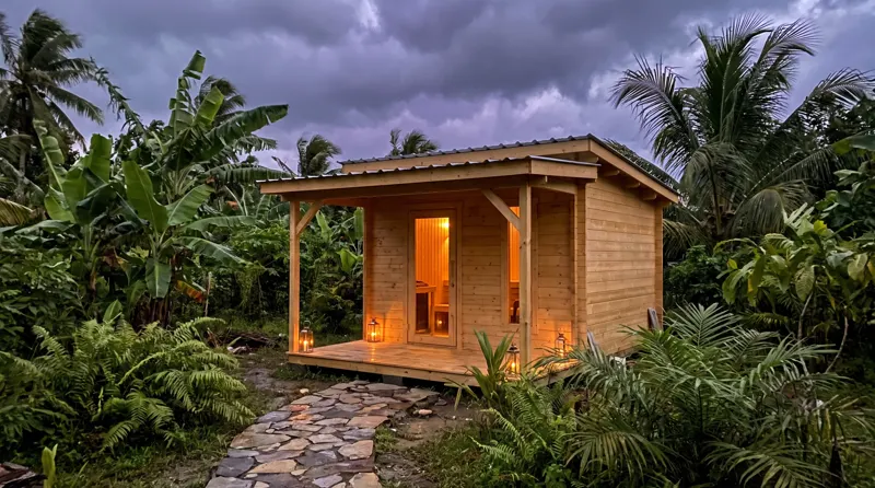 New sauna cabin in a garden before a tropical downpour