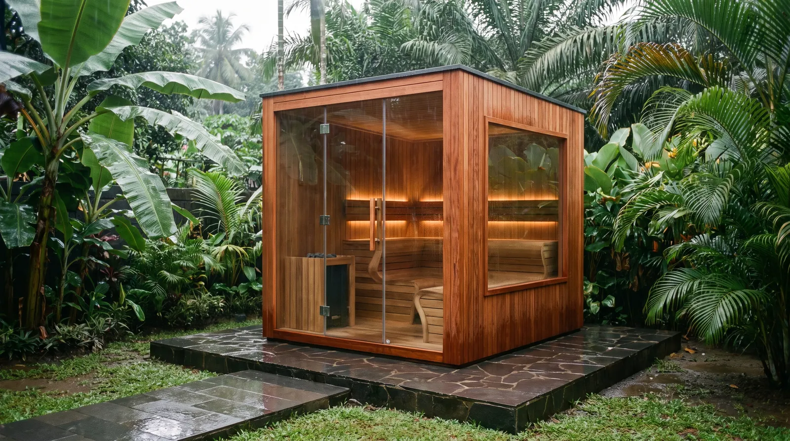 Kabin sauna cedar berdinding kaca di taman vila Medan pagi hari