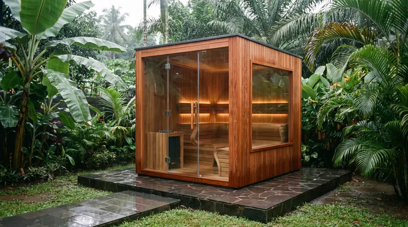 Kabin sauna cedar berdinding kaca di taman vila Medan pagi hari
