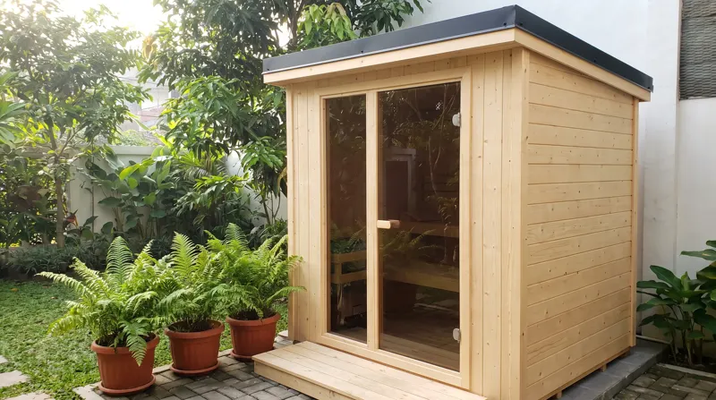 Kabin sauna outdoor baru di halaman kecil rumah Medan
