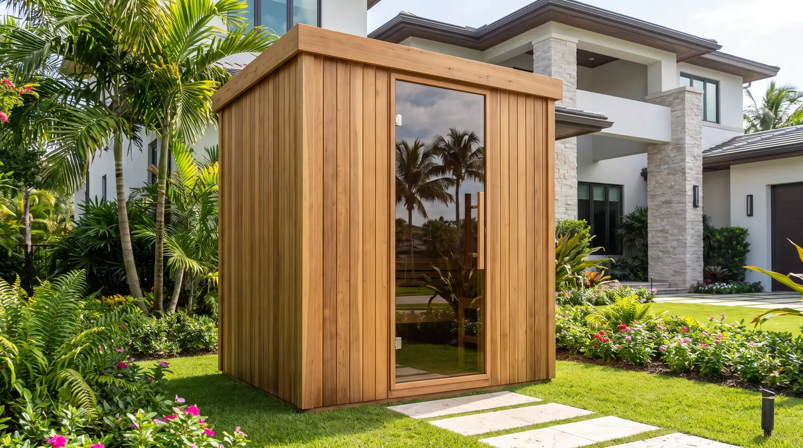 Kabin sauna kayu cedar di taman rumah Medan — jasa pembuatan sauna oleh Kontraktor Sauna Medan