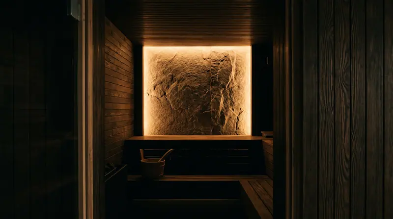 Sauna 6 orang — Indoor villa mewah — thermowood gelap + onyx