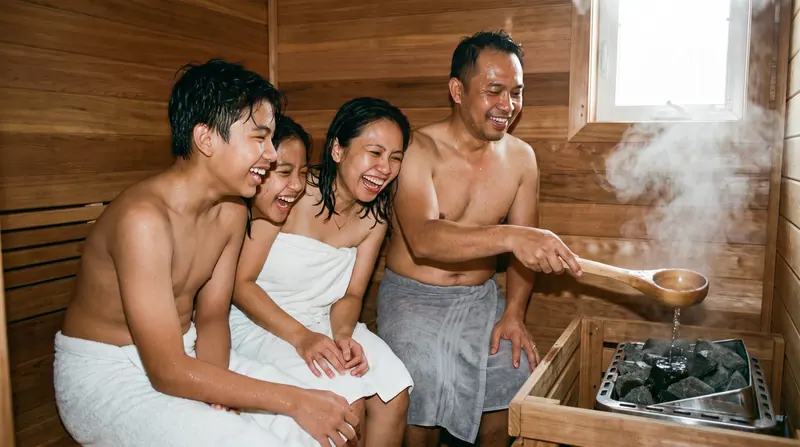 Keluarga Medan menikmati sauna red cedar di rumah