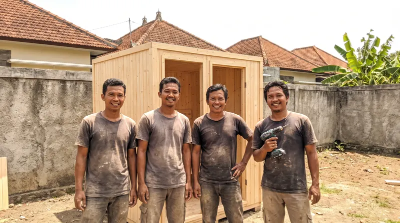 Kru tukang sauna Medan di depan rangka kabin setengah jadi