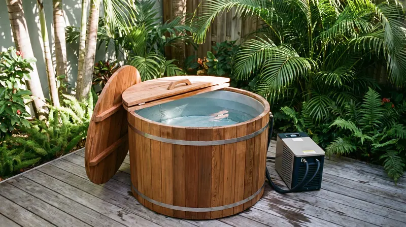 Ice bath kayu dengan unit chiller di taman tropis Medan