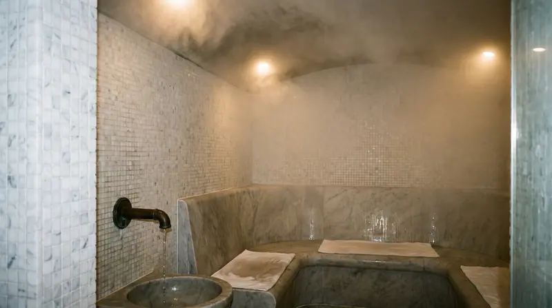 Steam room dengan finishing mozaik dan pencahayaan lembut di Medan