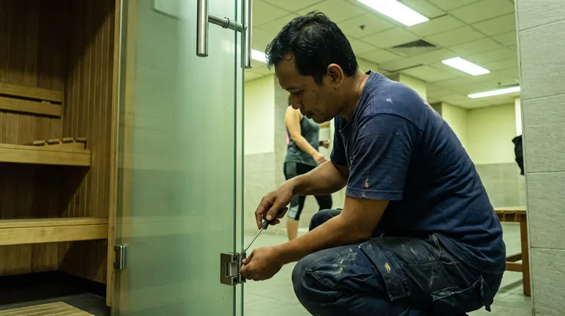 Teknisi menyetel engsel pintu kaca sauna di sudut gym