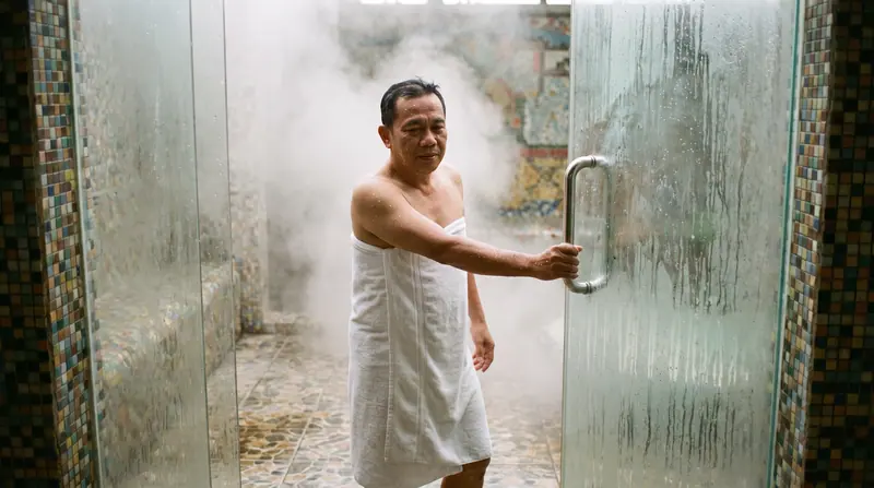 Keluar dari steam room — uap masih mengepul