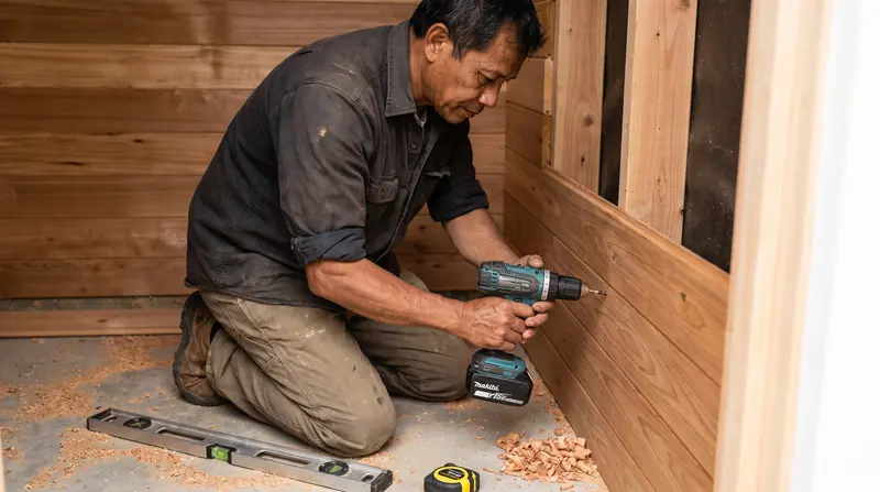 Renovasi & perbaikan sauna — Proses: panel lama dibongkar, rangka diperiksa