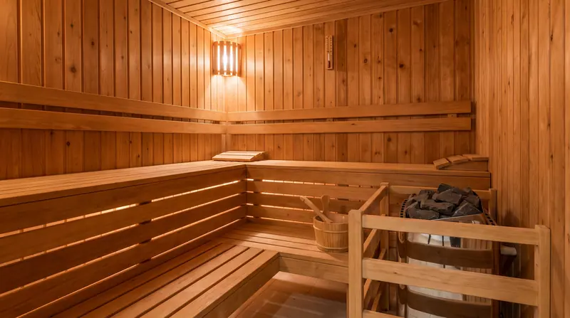 Interior red cedar: bangku dua tingkat berbentuk L, heater berpagar kayu