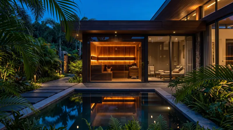 Sauna 6 orang — Indoor villa mewah — thermowood gelap + onyx