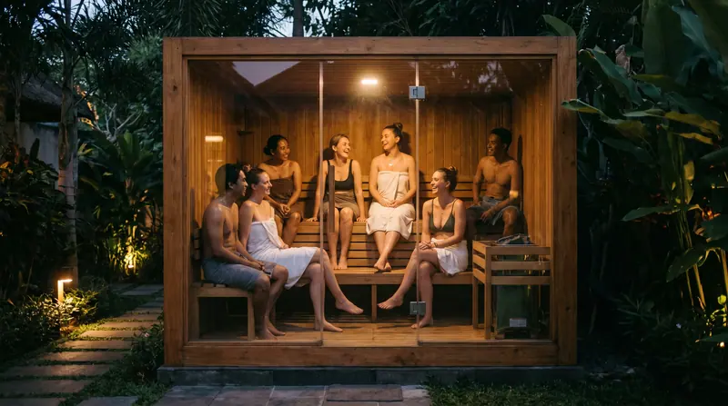 Sauna 8 orang di malam hari — tujuh tamu di dalam