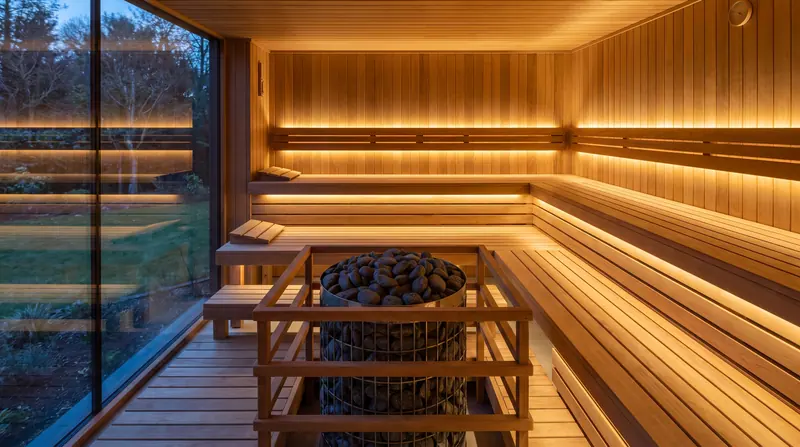 Interior thermowood madu: bangku U dua tingkat untuk delapan orang