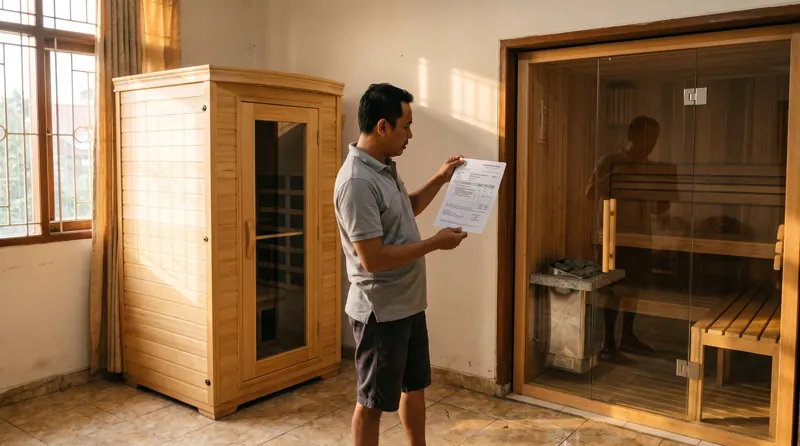 Sauna box infrared satu orang berdampingan dengan sauna custom kayu cedar di rumah Medan