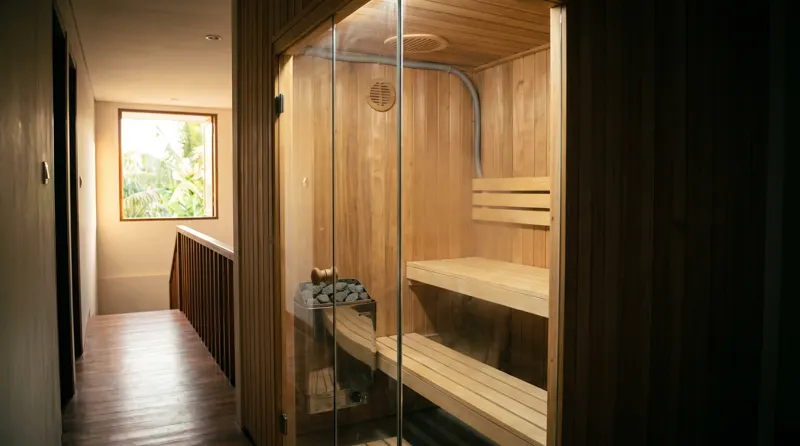 Sauna cedar dengan pintu kaca terpasang di lantai dua rumah Medan, dilihat dari koridor dekat tangga