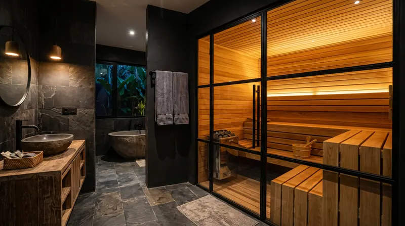 Sauna rumah — Tampak luar: dinding kaca full-height di kamar mandi