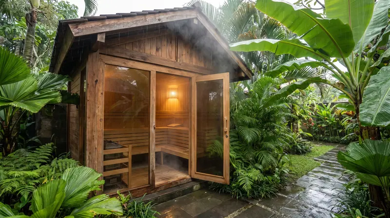 Sauna in a tropical climate: warm cabin open to an Indonesian garden after rain