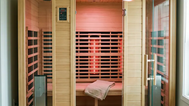 Sauna infrared — Di dalam: panel karbon di balik bilah hemlock