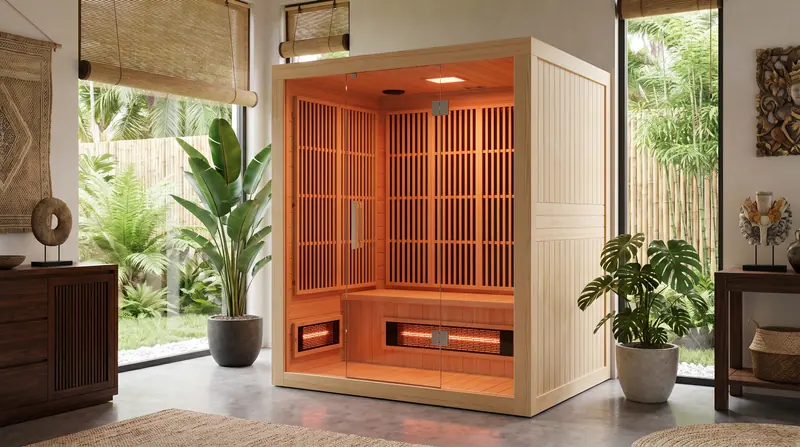Sauna infrared — Tampak luar: kabin infrared di sudut wellness rumah