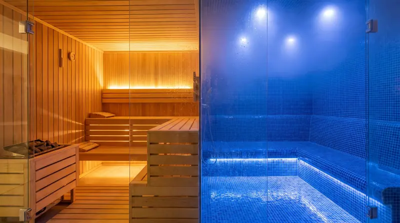 Perbedaan sauna dan steam room: kayu cedar hangat vs mosaik beruap di balik kaca