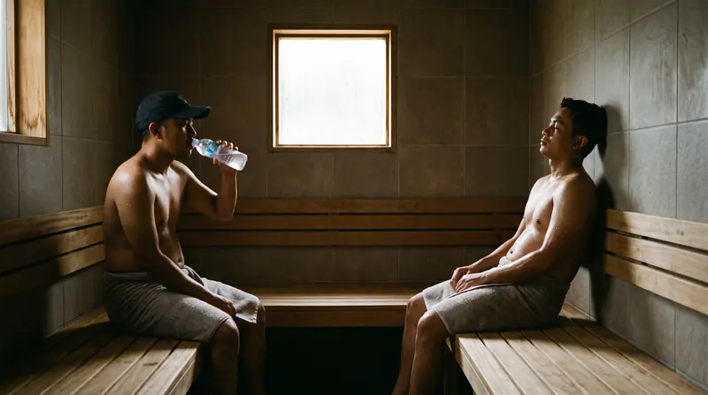 Sauna komersial di Medan — pemilik menikmati sesi pertama