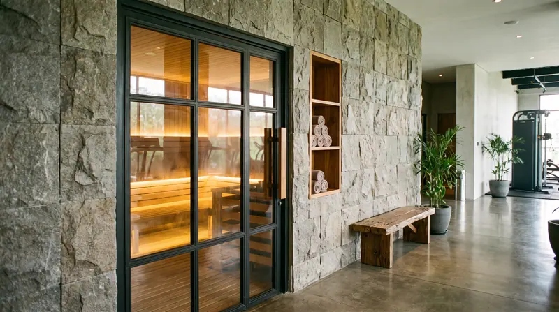 Sauna komersial — Tampak luar: pintu kaca sauna di koridor gym