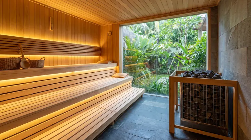 Sauna komersial — Di dalam: bangku lebar tiga tingkat untuk jam ramai
