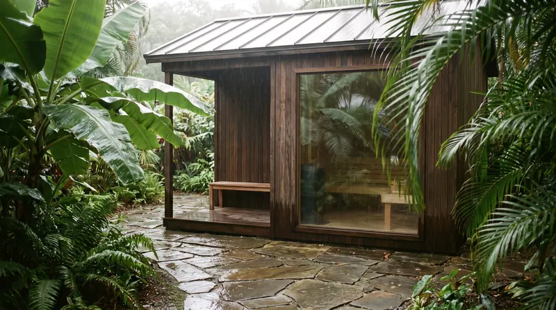 Kabin sauna outdoor kayu di taman tropis sebuah vila di Medan