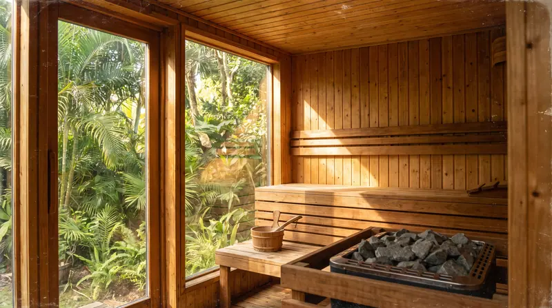 Sauna outdoor — Di dalam: thermowood madu, pintu kaca menghadap taman