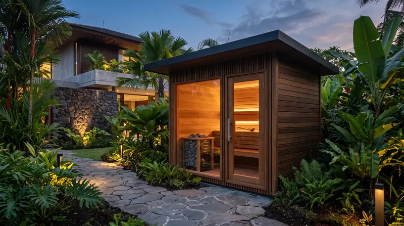 Sauna outdoor — Tampak luar: kabin klasik di taman saat senja