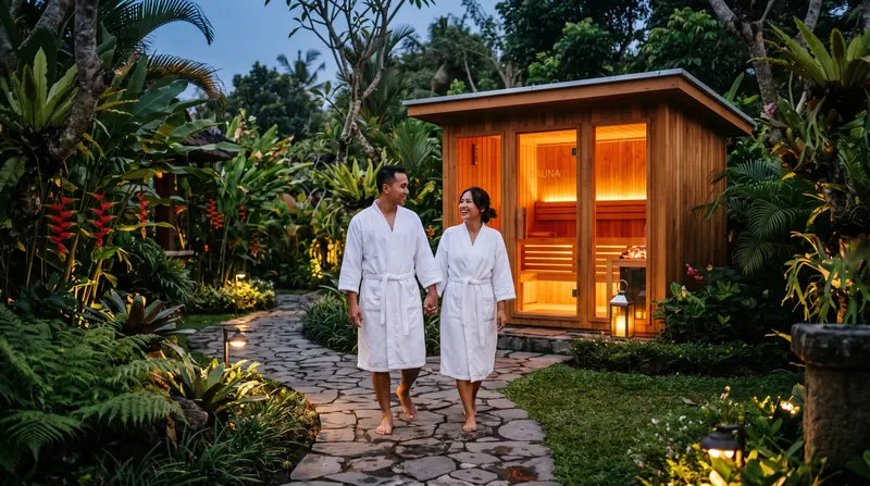 Sauna outdoor — Pemilik berjalan ke kabin selepas hujan sore