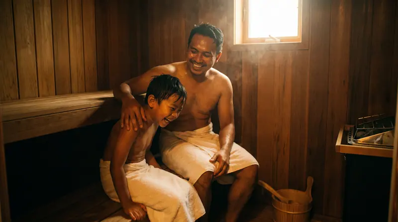 Sauna rumah di Medan — pemilik menikmati sesi pertama
