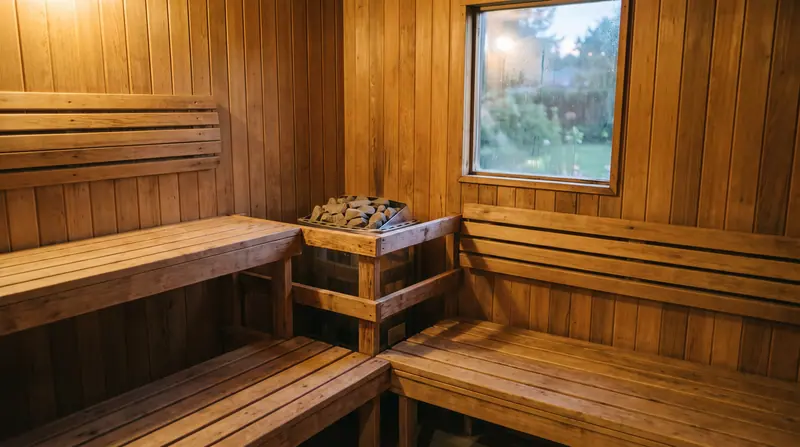 Interior sauna kering rumahan berbahan kayu cedar di Medan