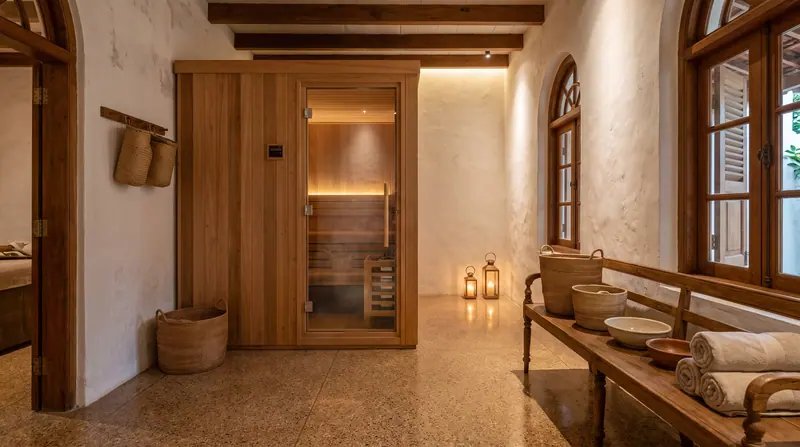 Jasa pembuatan sauna di Medan Baru — interior sauna kayu cedar