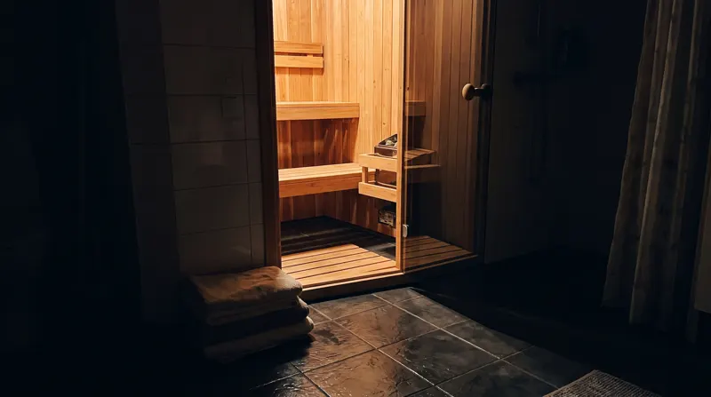 Sauna rumah dengan pintu kaca terbuka dan cahaya hangat malam hari
