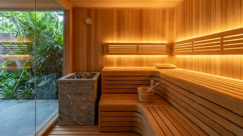 Sauna rumah — Di dalam: kayu cedar, bangku dua tingkat, heater berbatu