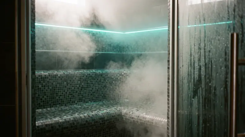 Steam room berlapis mozaik dengan pencahayaan lembut di Medan