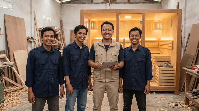 Tim Kontraktor Sauna Medan memasang panel kayu sauna di lokasi proyek